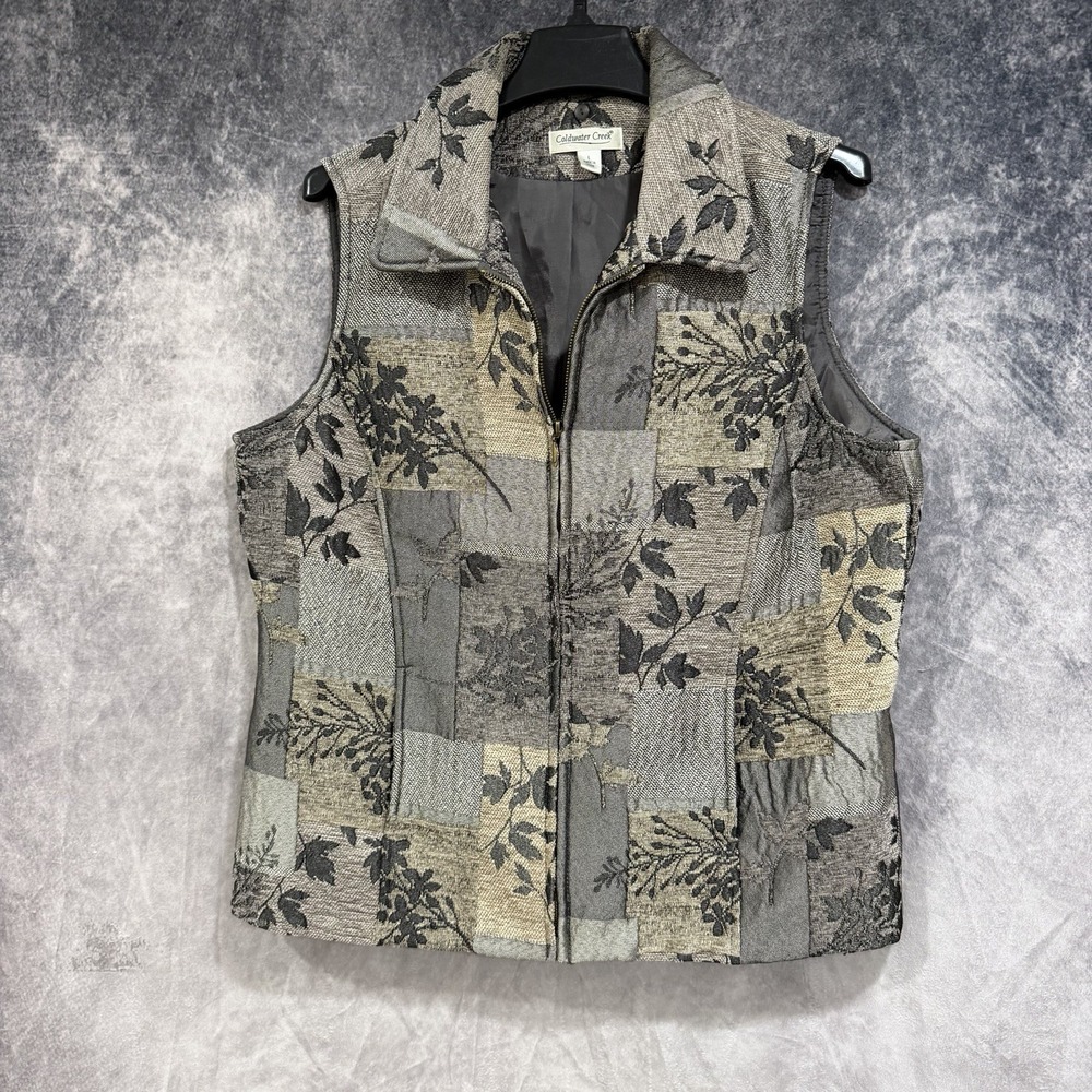 coldwater creek Women's Patchwork Floral Zip Up Vest Tapestry Gray Green L